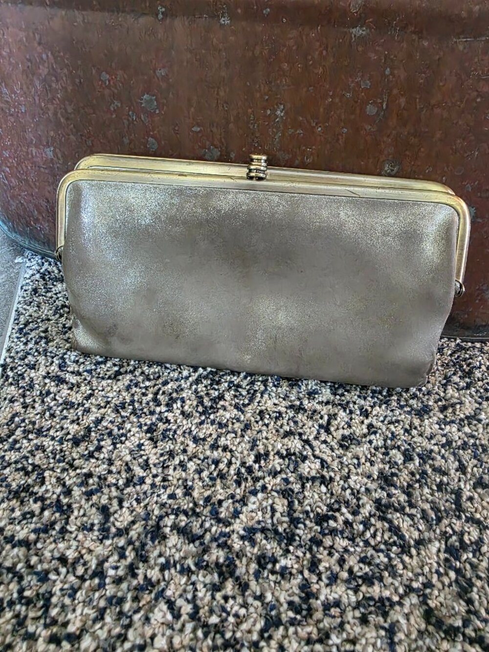 Hobo Lauren Distressed Stardust Leather Kiss Lock Wallet Vintage Patch - Loved